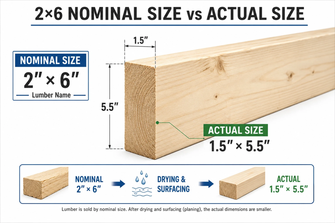 2×6 nominal size vs actual size infographic showing a finished 2×6 lumber board measuring 1.5 inches by 5.5 inches after drying and surfacing.