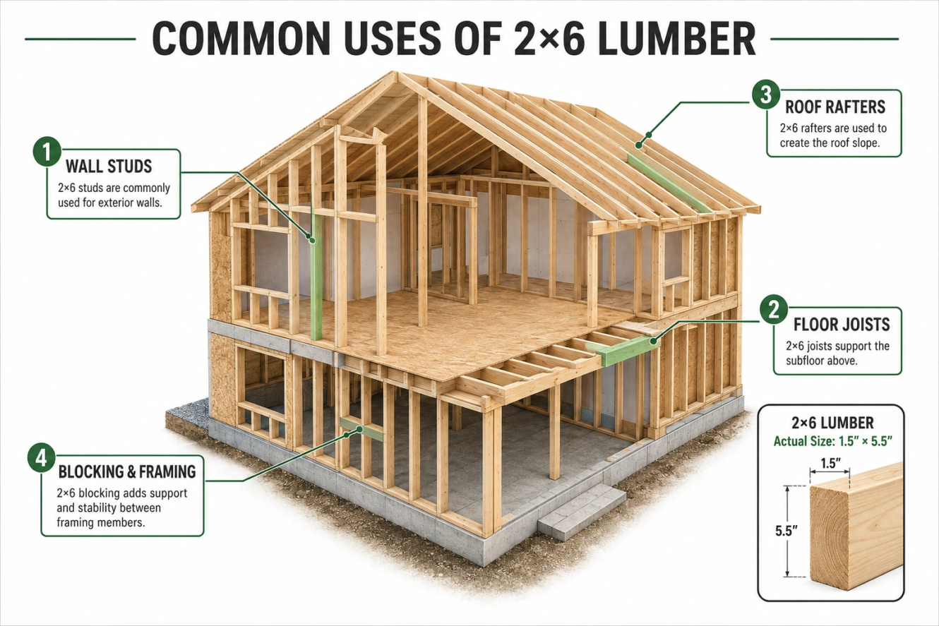 Common uses of 2x6 lumber showing wall studs, floor joists, roof rafters, and blocking in wood-frame construction