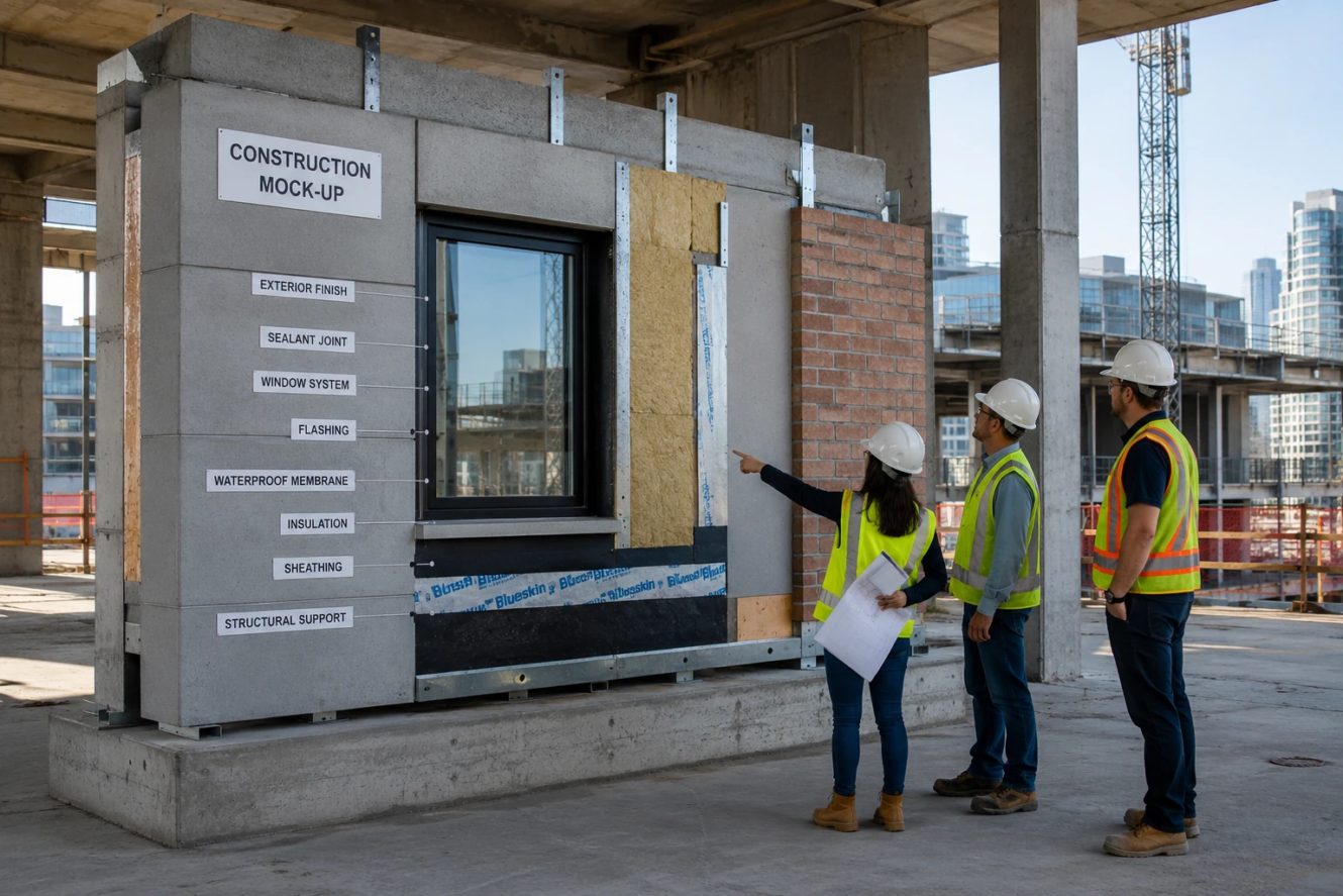 Construction mock-up showing a sample building wall with window, insulation, waterproofing, flashing, and exterior finishes
