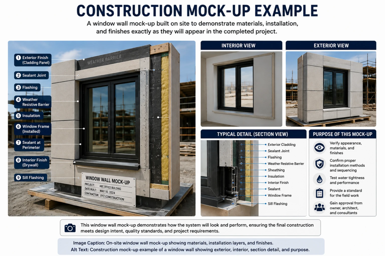 Construction mock-up example of a window wall showing exterior finish, flashing, waterproofing, insulation, window frame, and interior finish
