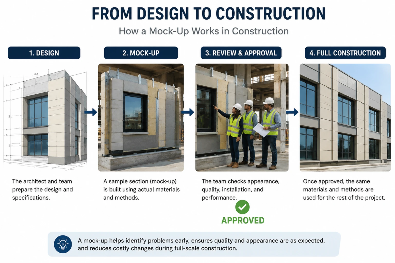 Mock-up in construction showing the process from design to mock-up, review and approval, and full construction
