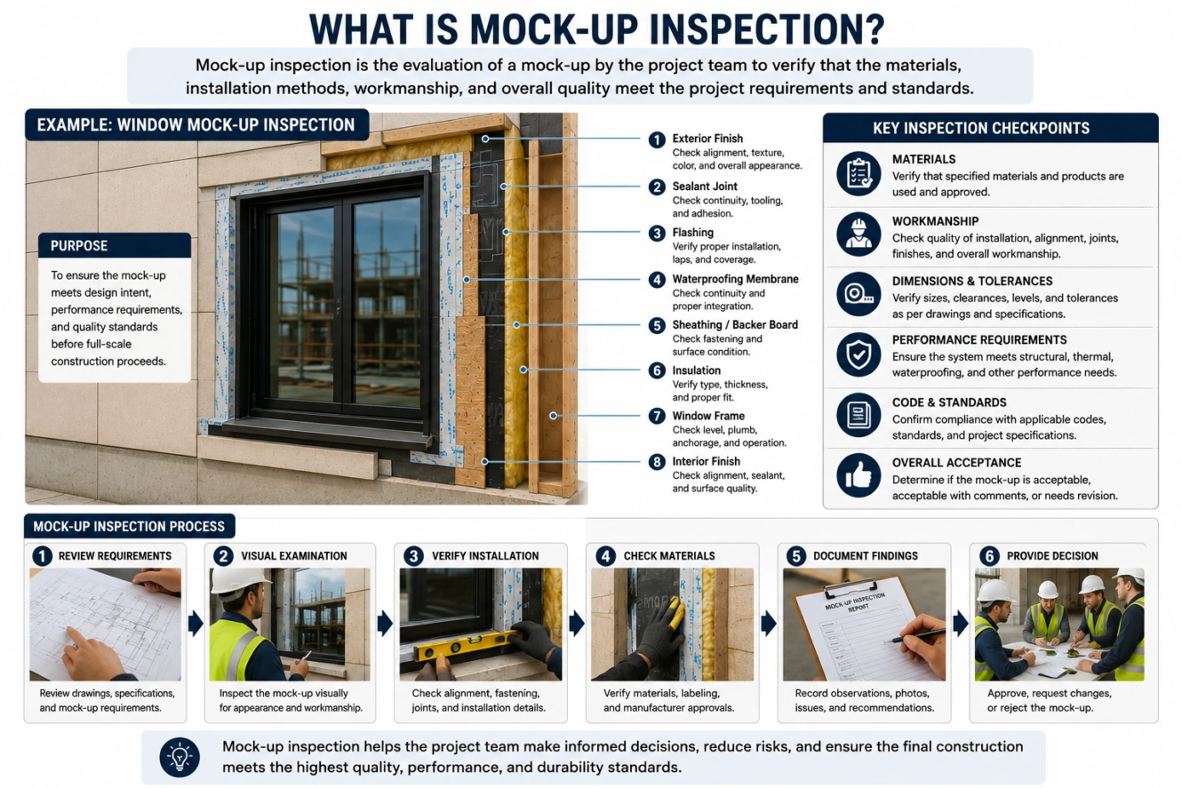 Mock-up inspection in construction showing inspection checkpoints for materials, workmanship, dimensions, performance, standards, and overall acceptance