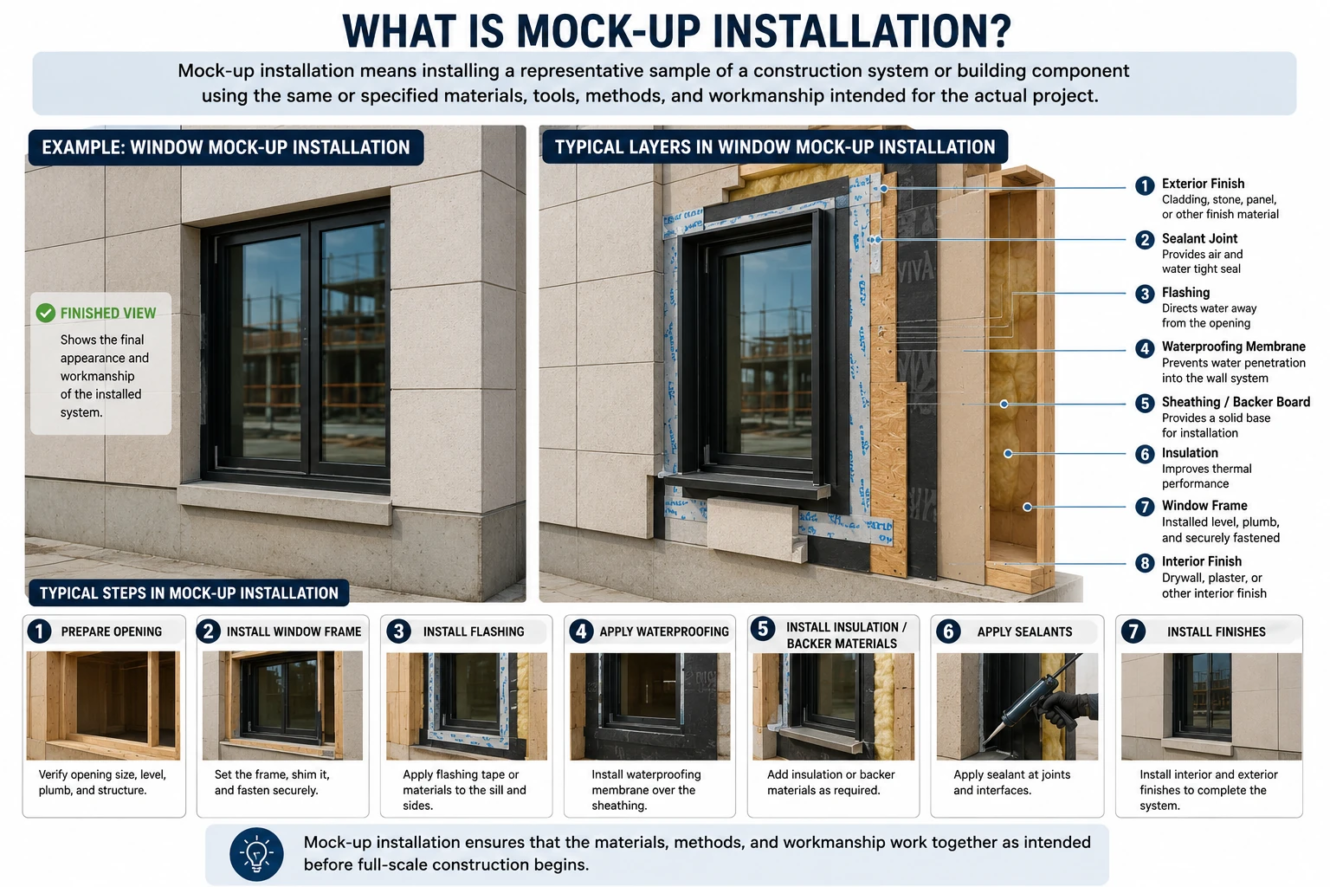 Mock-up installation in construction showing window installation, flashing, waterproofing, insulation, sealants, and exterior finishes
