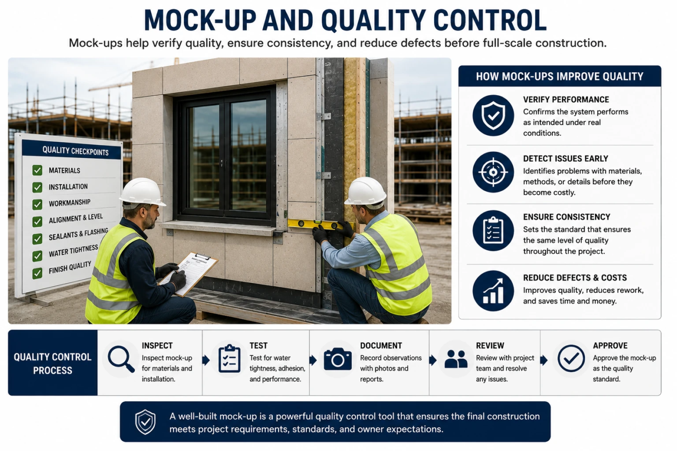 Mock-up and quality control in construction showing inspectors checking materials, installation, workmanship, alignment, sealants, and water tightness