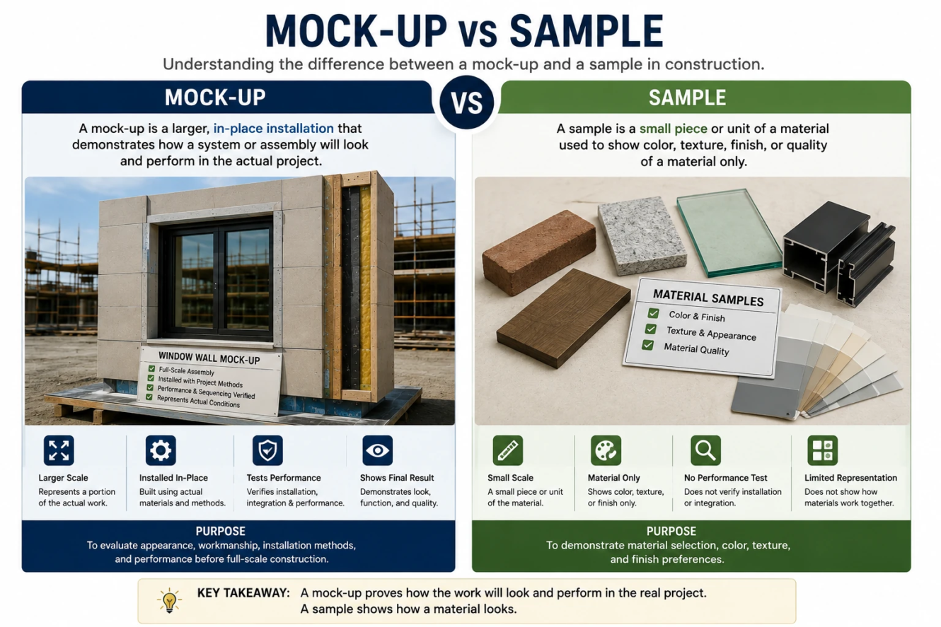 Mock-up vs sample in construction showing a full-scale window wall assembly compared with brick, stone, glass, wood, and finish samples
