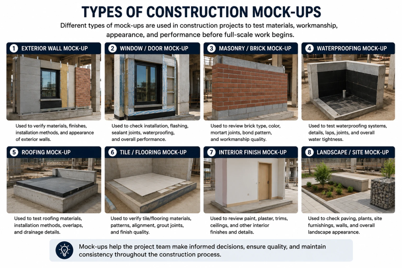 Types of construction mock-ups including exterior walls, windows, masonry, waterproofing, roofing, flooring, interior finishes, and site work