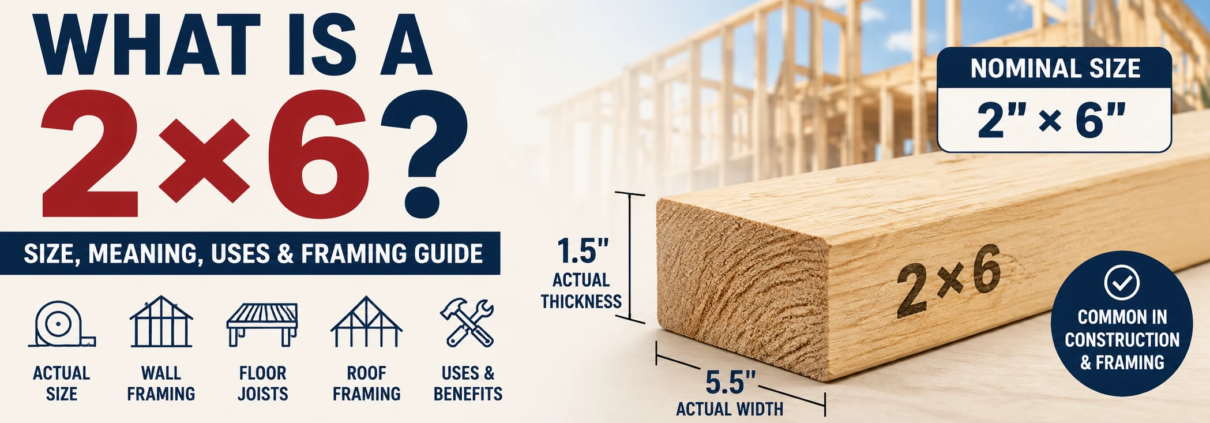 What is a 2x6 lumber guide showing nominal 2x6 size, actual 1.5 by 5.5 inch dimensions, and common framing uses