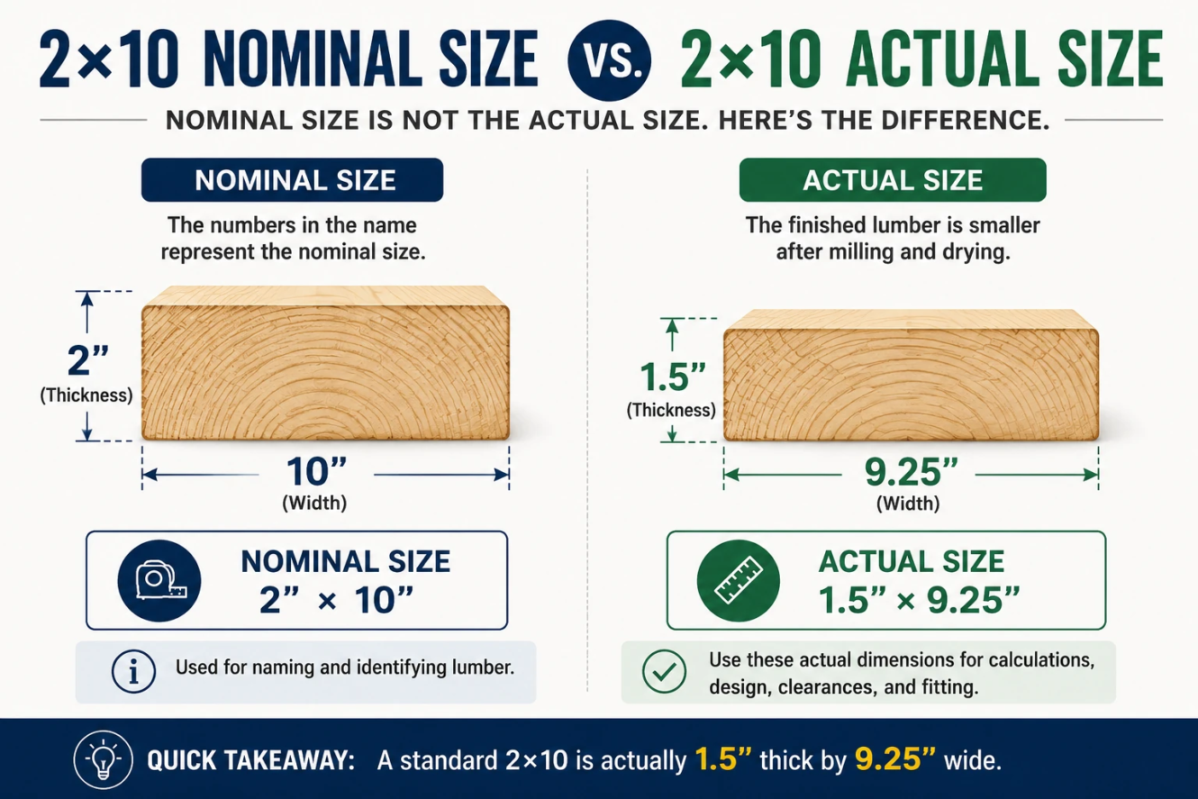 2x10 nominal size vs actual size showing 2 by 10 nominal dimensions and 1.5 by 9.25 inch actual dimensions