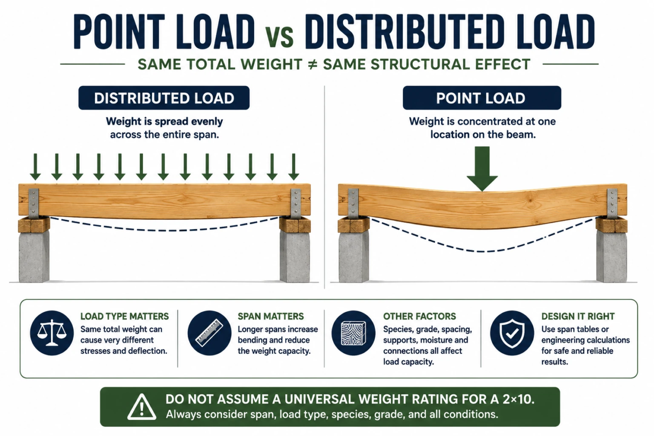Point load vs distributed load on a 2x10 showing how load distribution affects structural demand