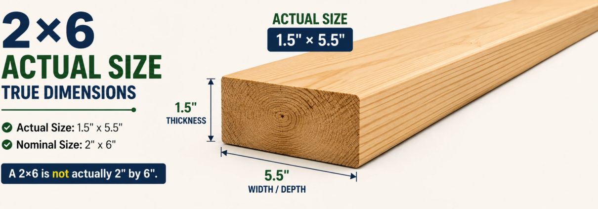 2x6 actual size showing 1.5 inch thickness and 5.5 inch width