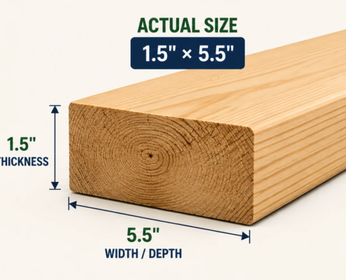 2x6 actual size showing 1.5 inch thickness and 5.5 inch width