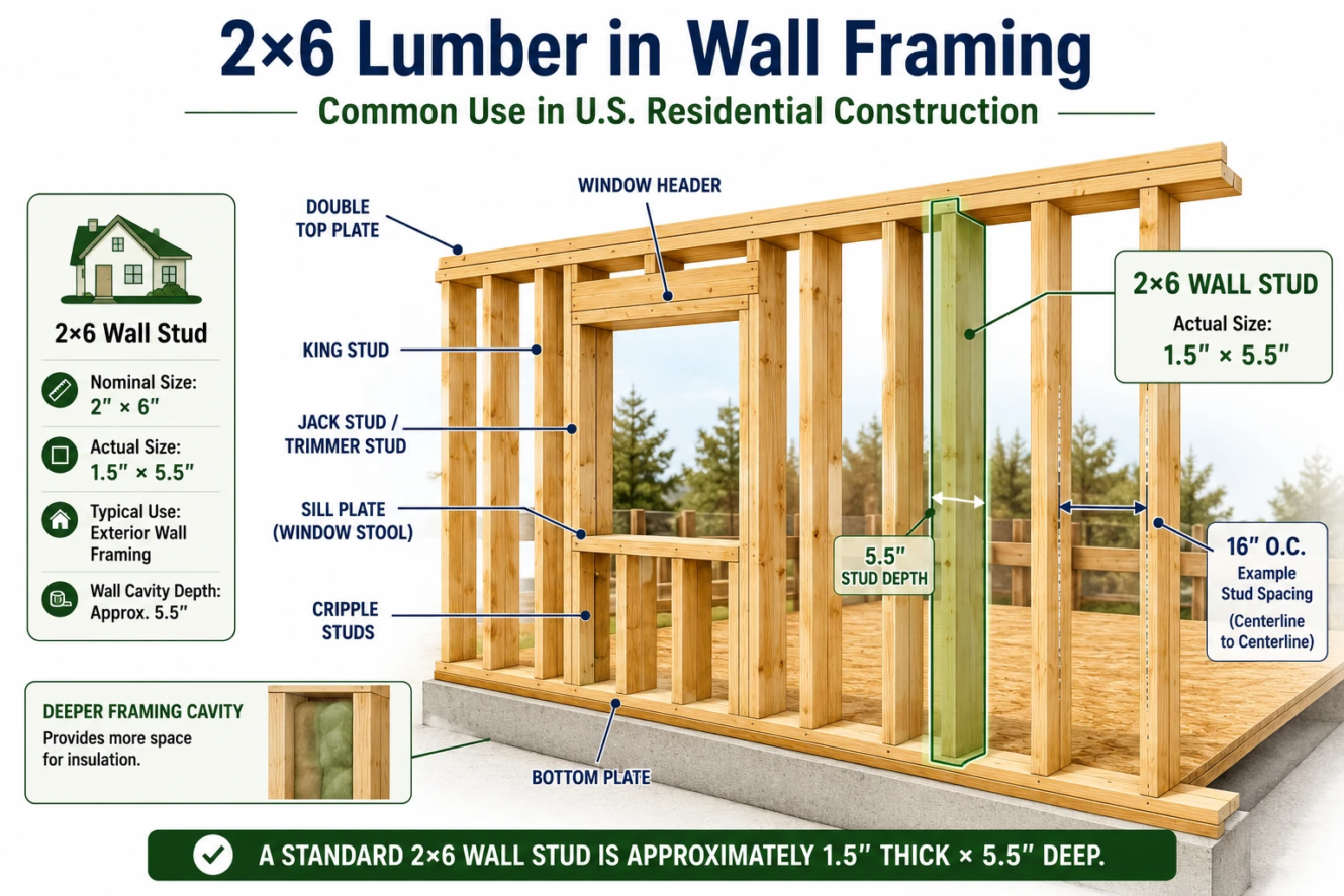2x6 lumber wall framing showing 1.5 inch by 5.5 inch wall studs in residential construction