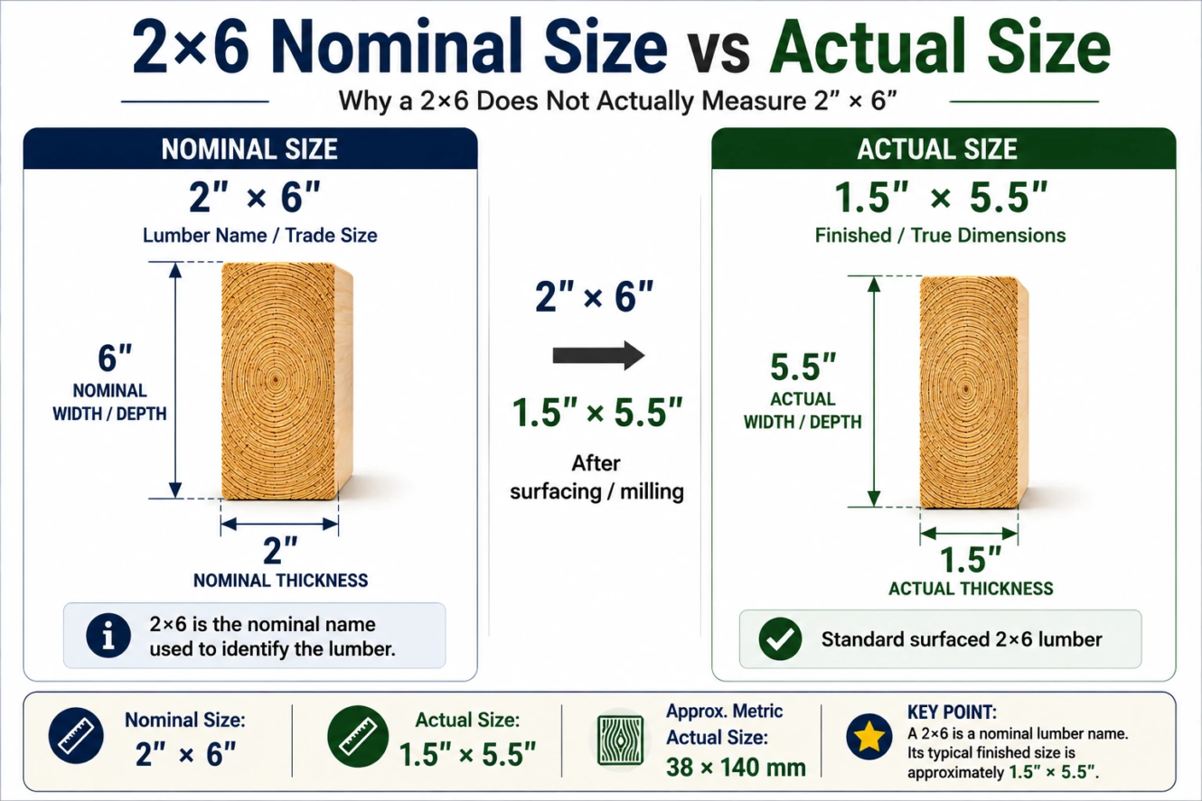 2x6 nominal size vs actual size showing 2 x 6 nominal and 1.5 x 5.5 inch actual dimensions
