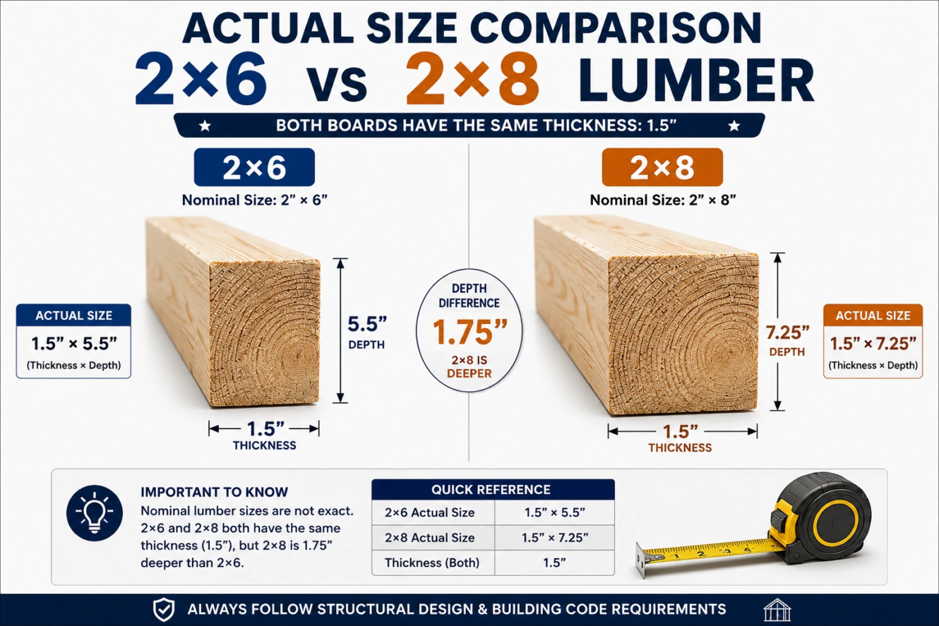 2x6 vs 2x8 lumber actual size comparison showing thickness and depth