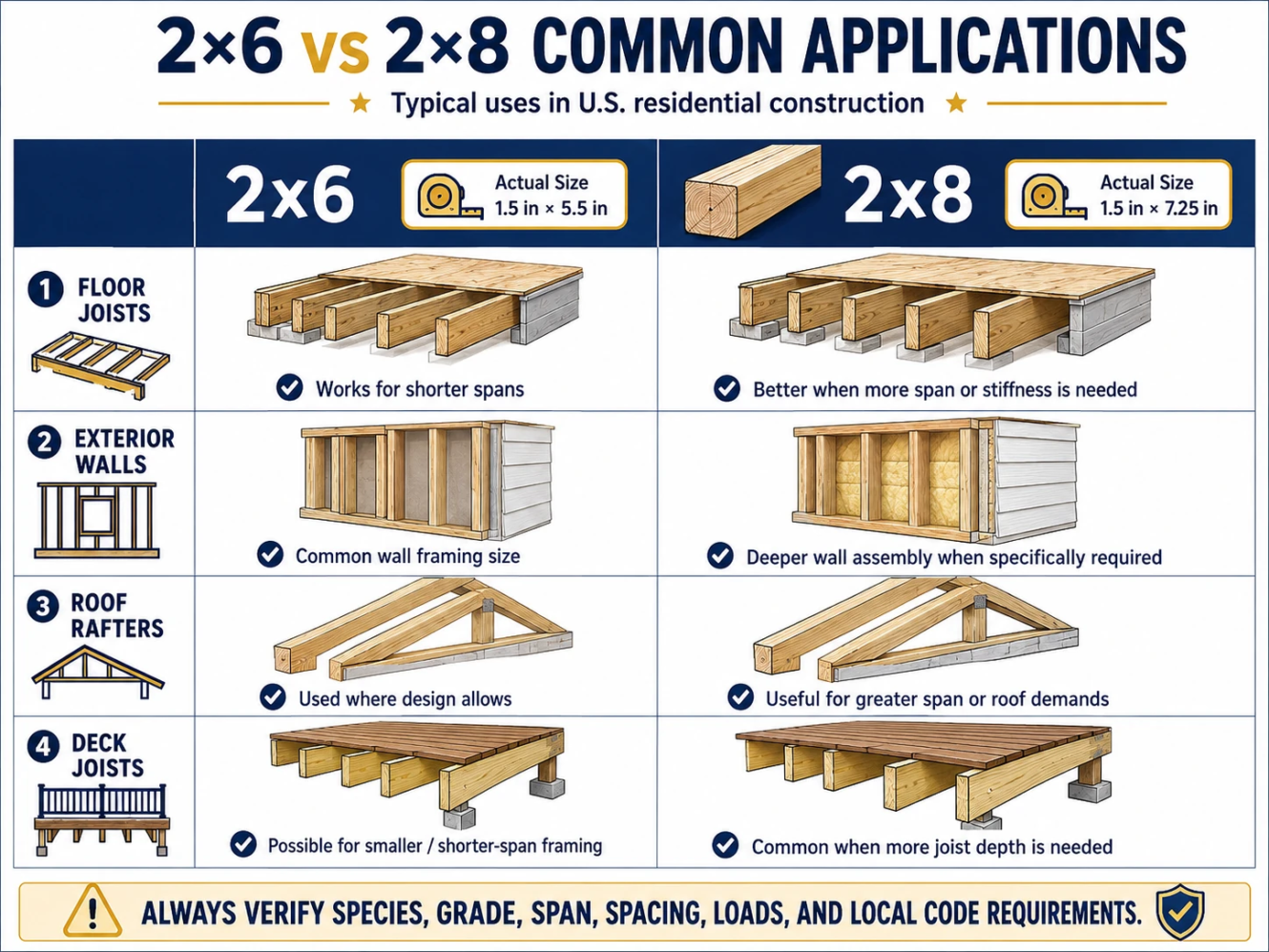 2x6 vs 2x8 common applications for floor joists exterior walls roof rafters and deck joists
