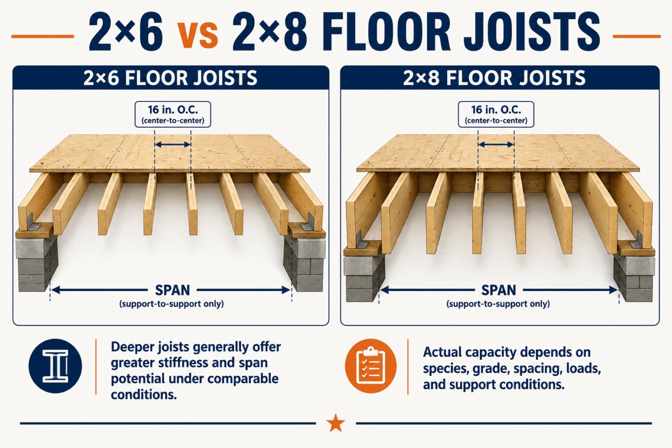2x6 vs 2x8 floor joists comparison showing 16-inch on-center spacing, span, stiffness, and support conditions