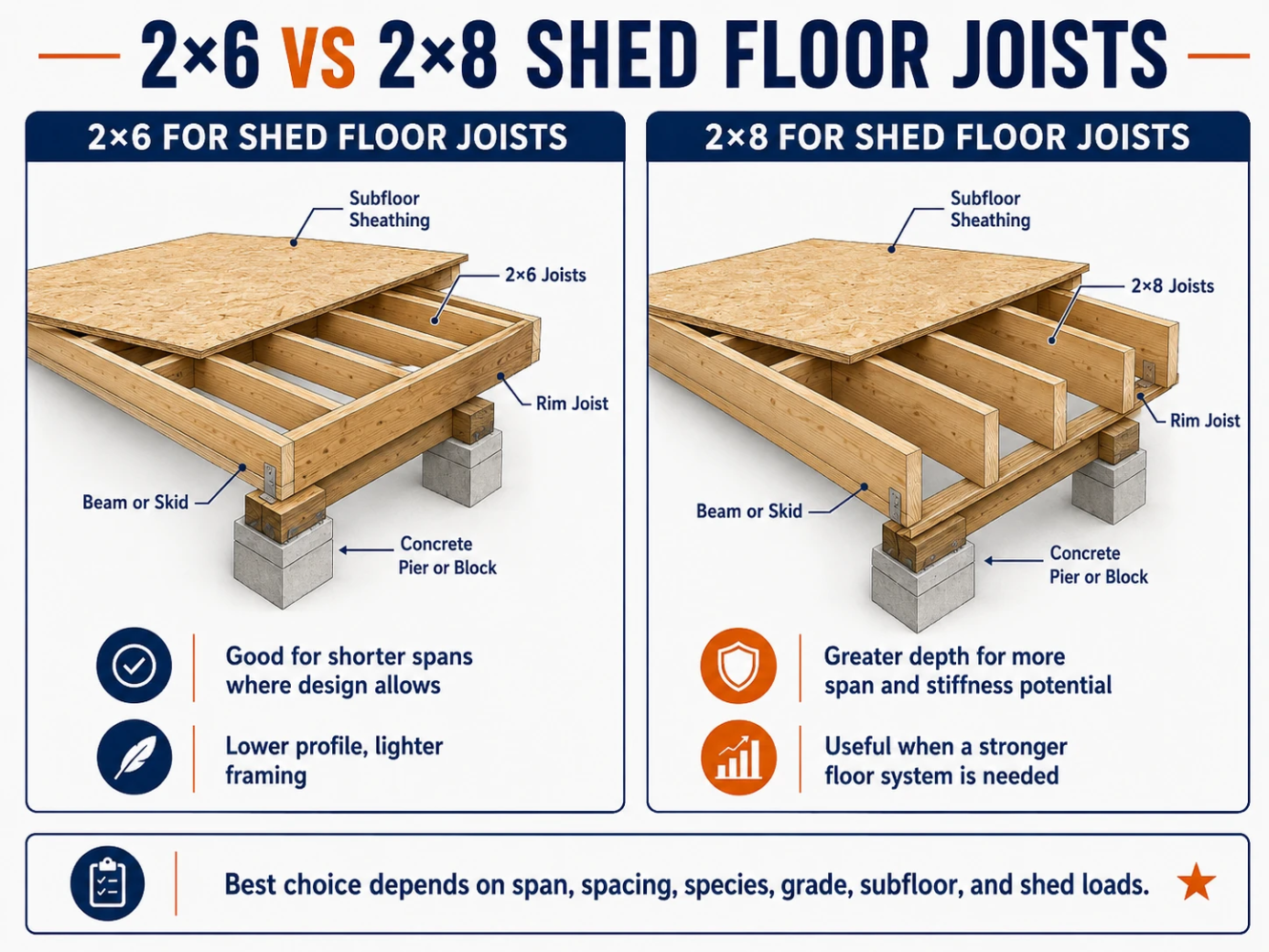 2x6 vs 2x8 shed floor joists comparison showing subfloor beams and supports