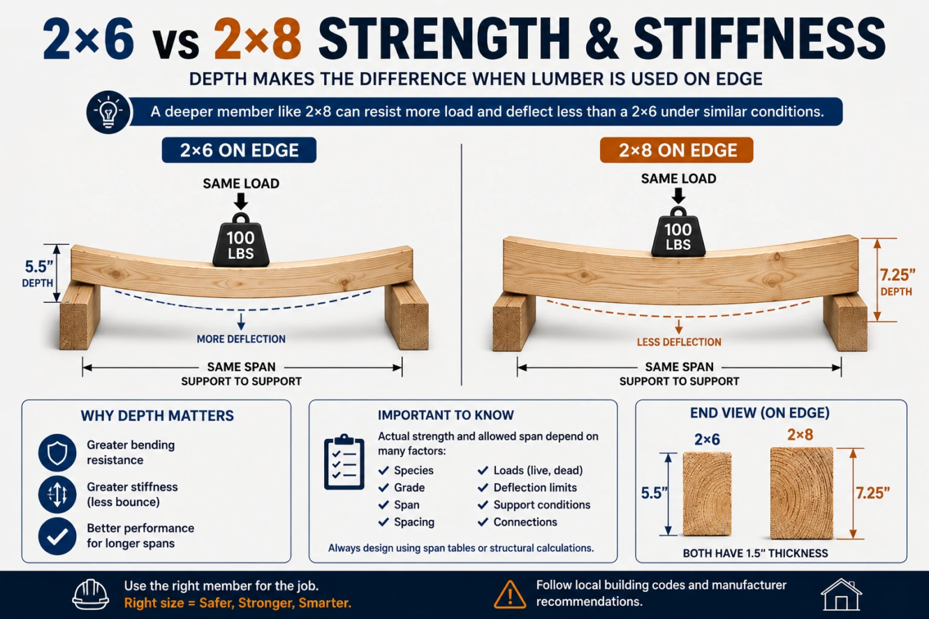 2x6 vs 2x8 lumber strength and stiffness comparison showing deflection