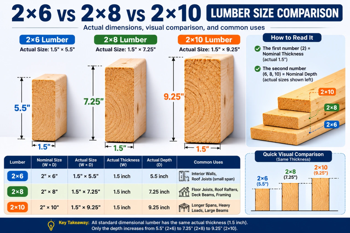 2x6 vs 2x8 vs 2x10 lumber actual size comparison