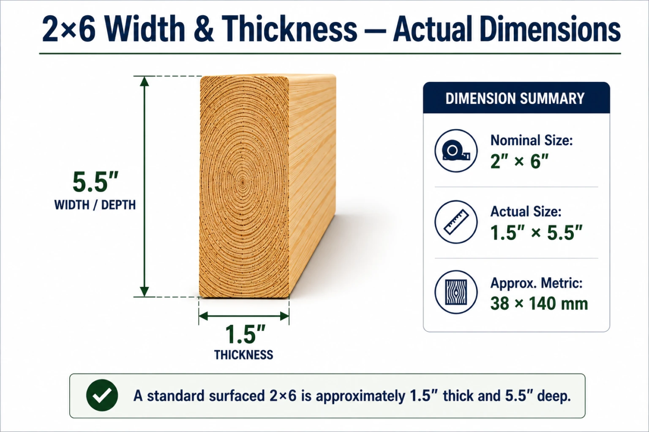 2x6 lumber actual dimensions showing 1.5 inch thickness and 5.5 inch width