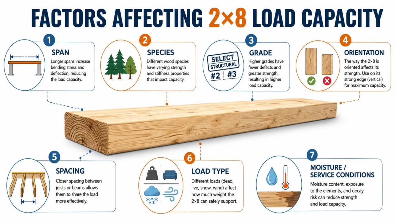 factors affecting 2x8 lumber load capacity
