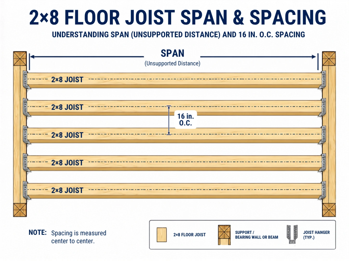 2x8 floor joist span and 16 inch on-center spacing diagram
