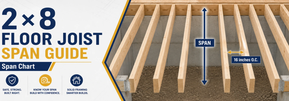 2x8 floor joist span guide showing span direction and 16 inch on-center spacing