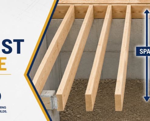 2x8 floor joist span guide showing span direction and 16 inch on-center spacing