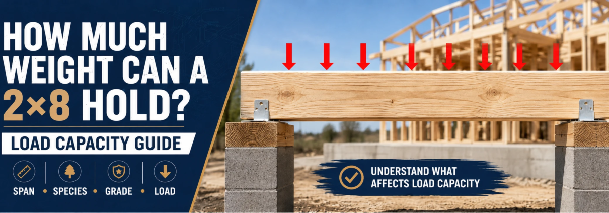 2x8 lumber load capacity diagram with supported beam and load arrows