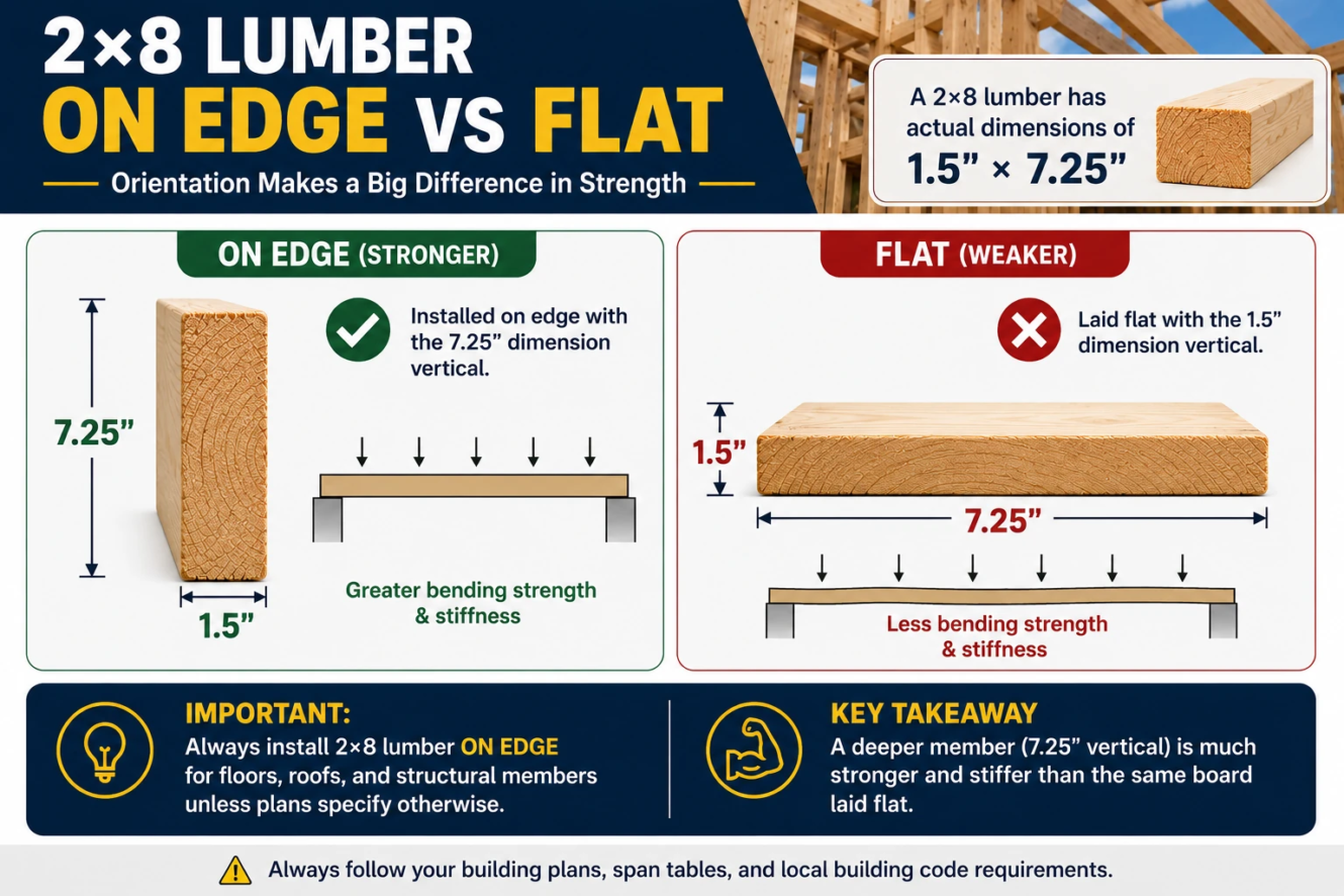 2x8 lumber on edge vs flat orientation showing actual dimensions