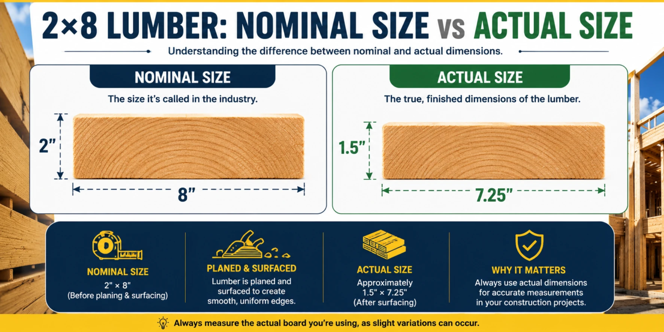 2x8 nominal size vs actual size of 1.5 by 7.25 inches