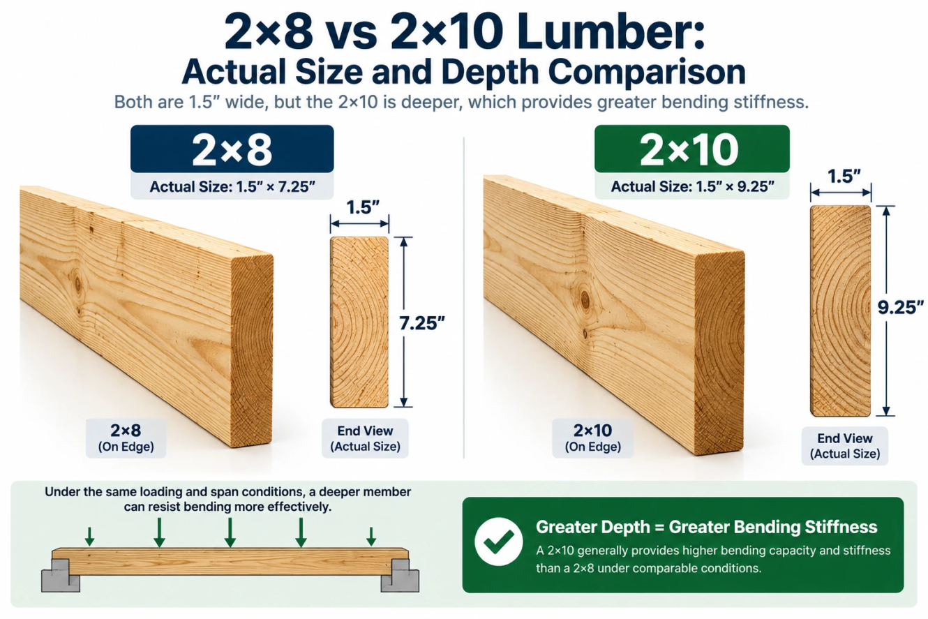 2x8 vs 2x10 actual size showing 7.25 and 9.25 inch joist depth 