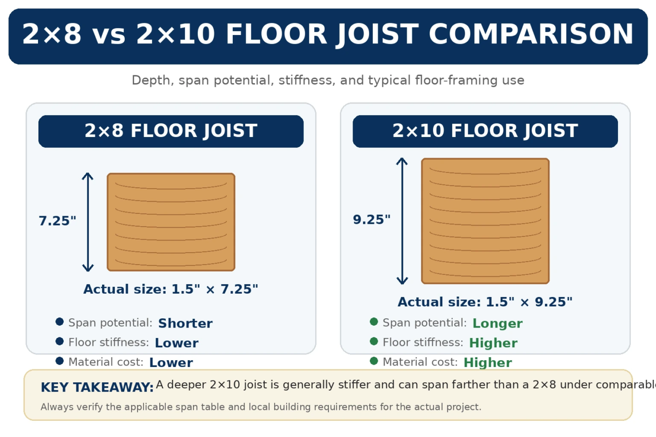 2x8 vs 2x10 floor joist size and span comparison