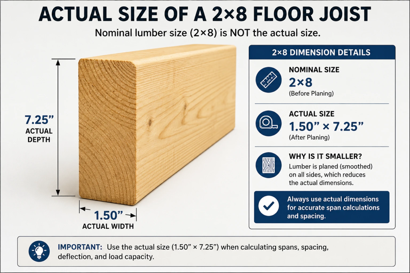 actual size of a 2x8 floor joist showing 1.5 by 7.25 inches