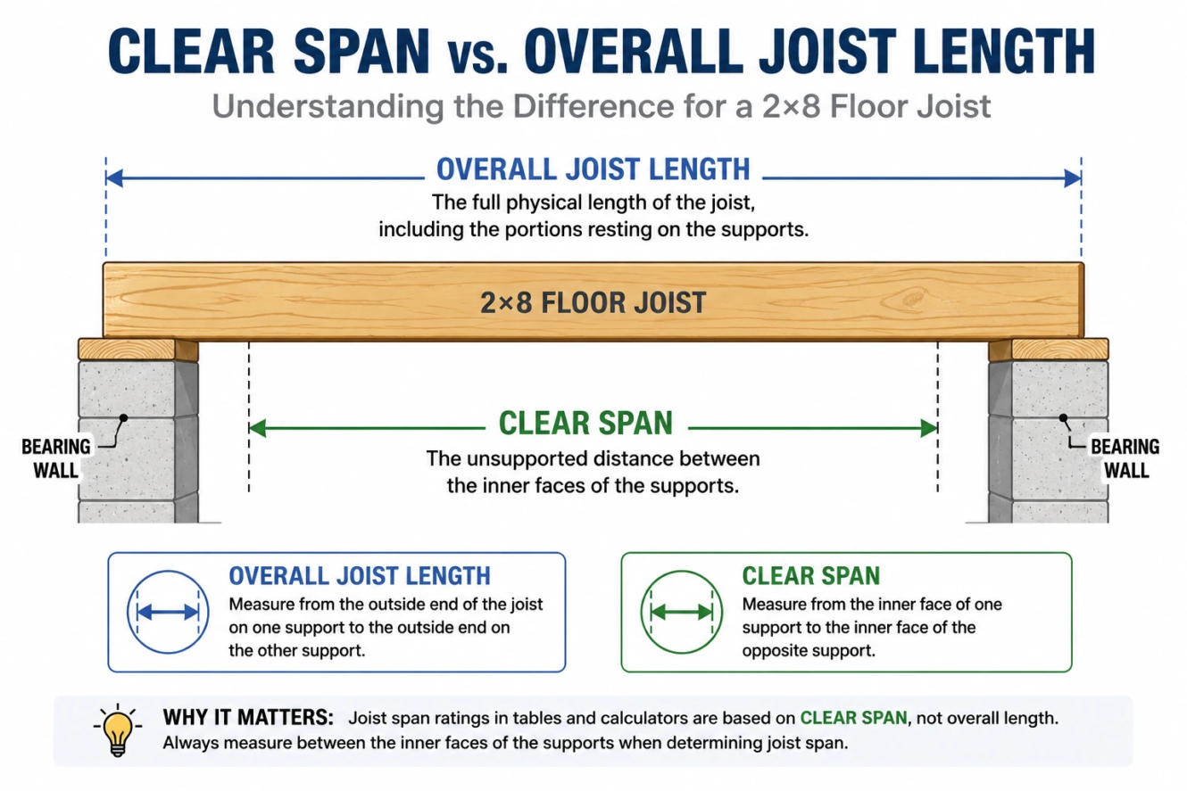 floor joist clear span versus overall joist length diagram