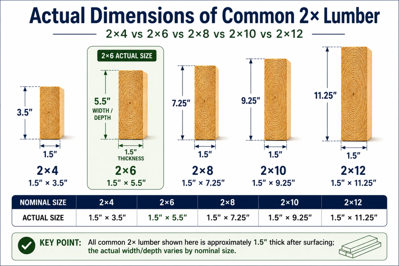 Actual dimensions of 2x4, 2x6, 2x8, 2x10 and 2x12 lumber