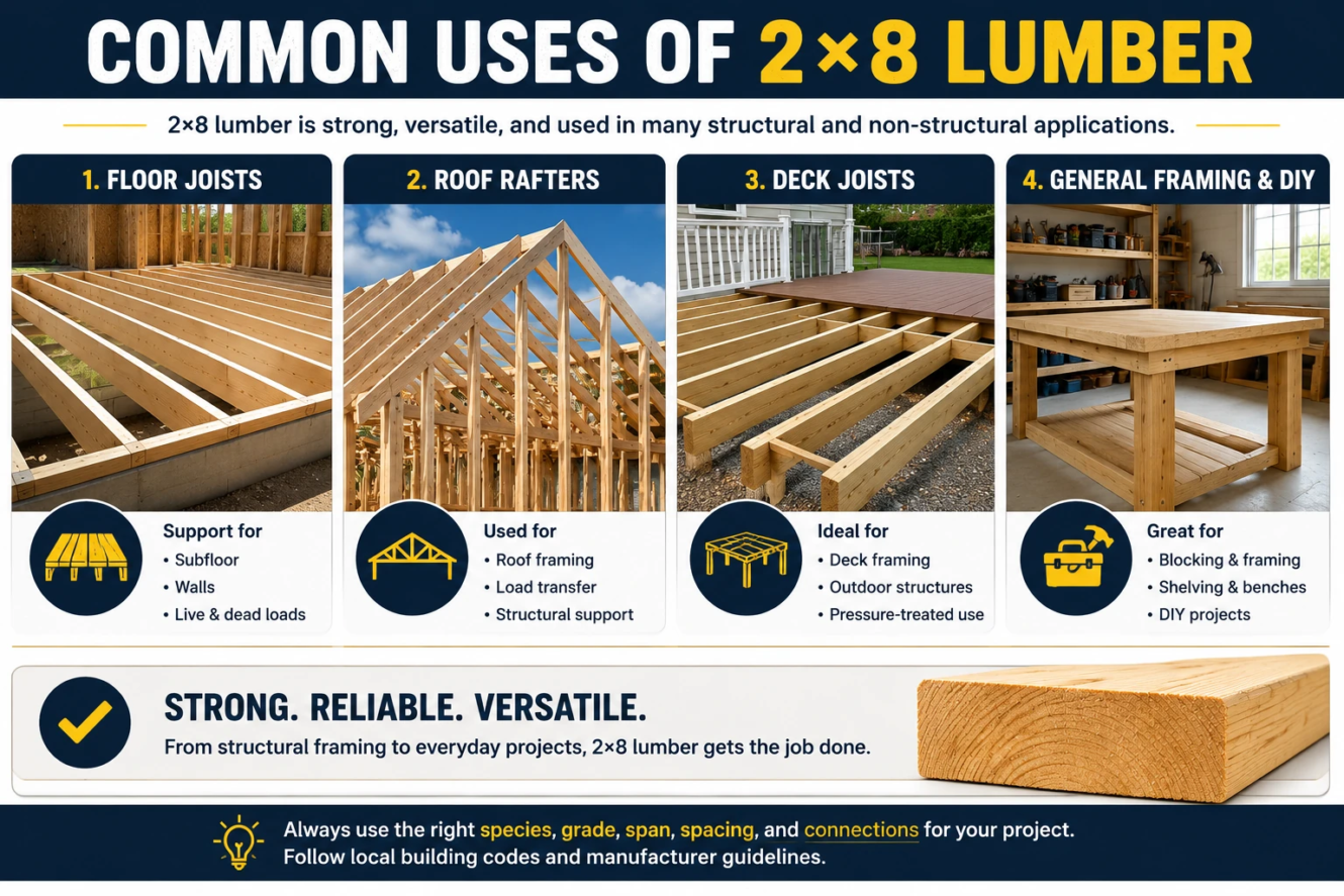 common uses of 2x8 lumber in floor roof deck and framing construction