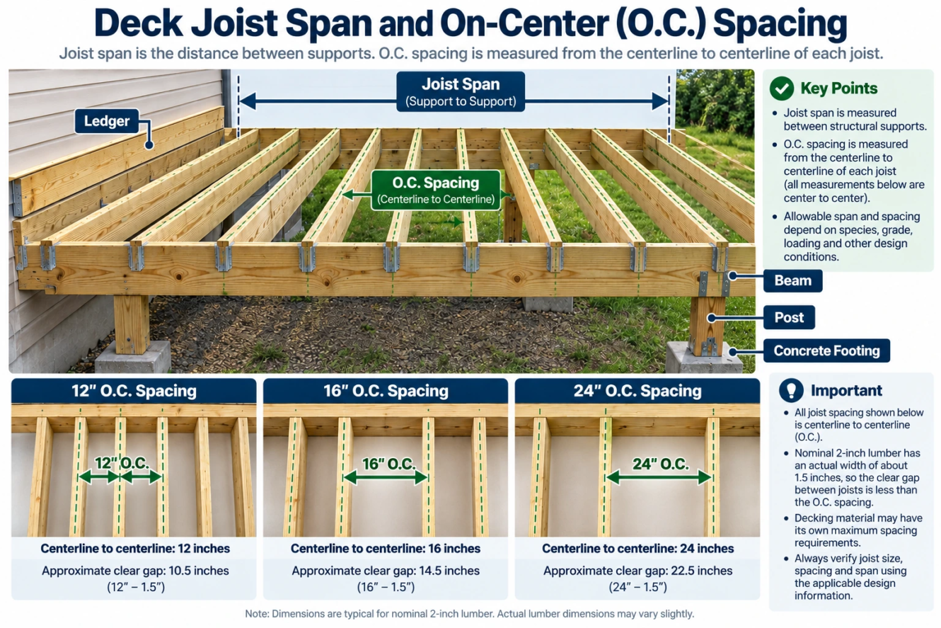 deck joist span and on center spacing diagram for 2x8 and 2x10 joists 