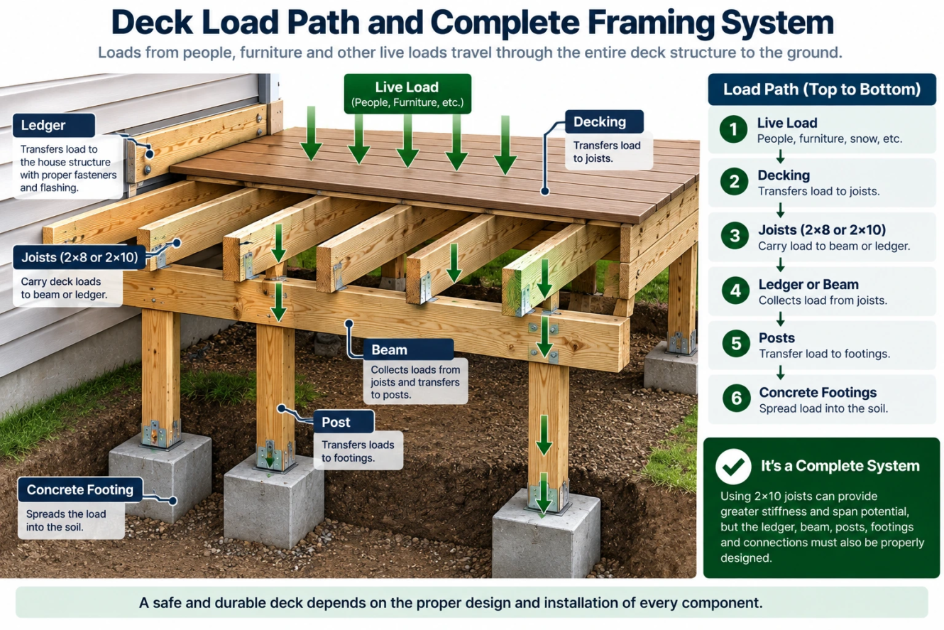 residential deck load path showing decking joists beam posts and footings