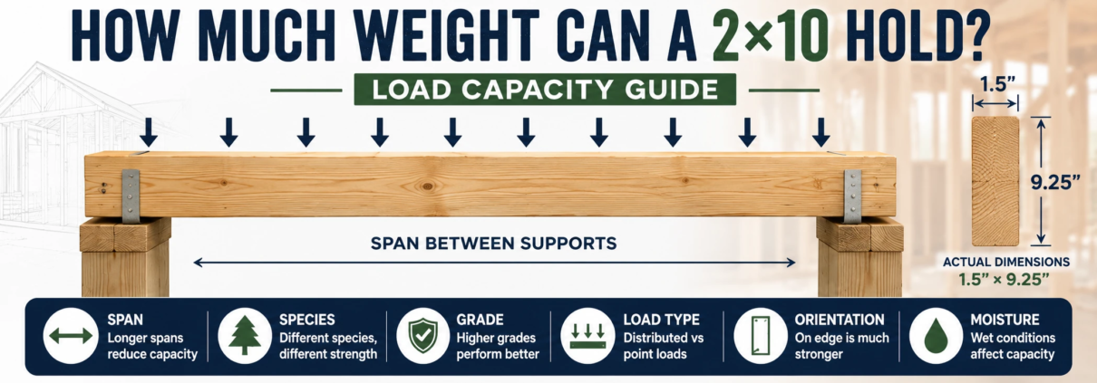 How much weight can a 2x10 hold showing load capacity factors including span, species, grade and orientation