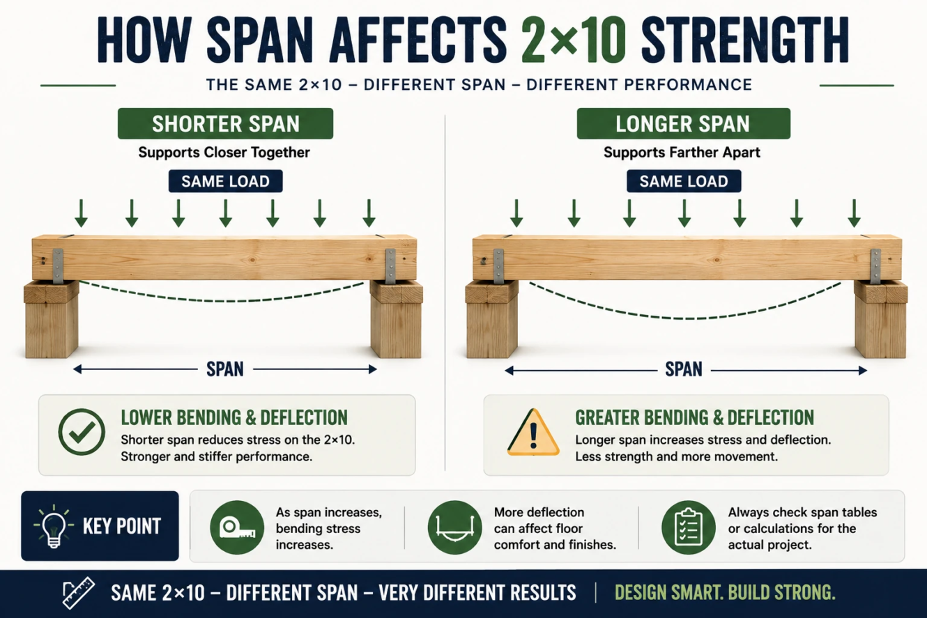 2x10 shorter span vs longer span showing how span affects bending, deflection and load capacity
