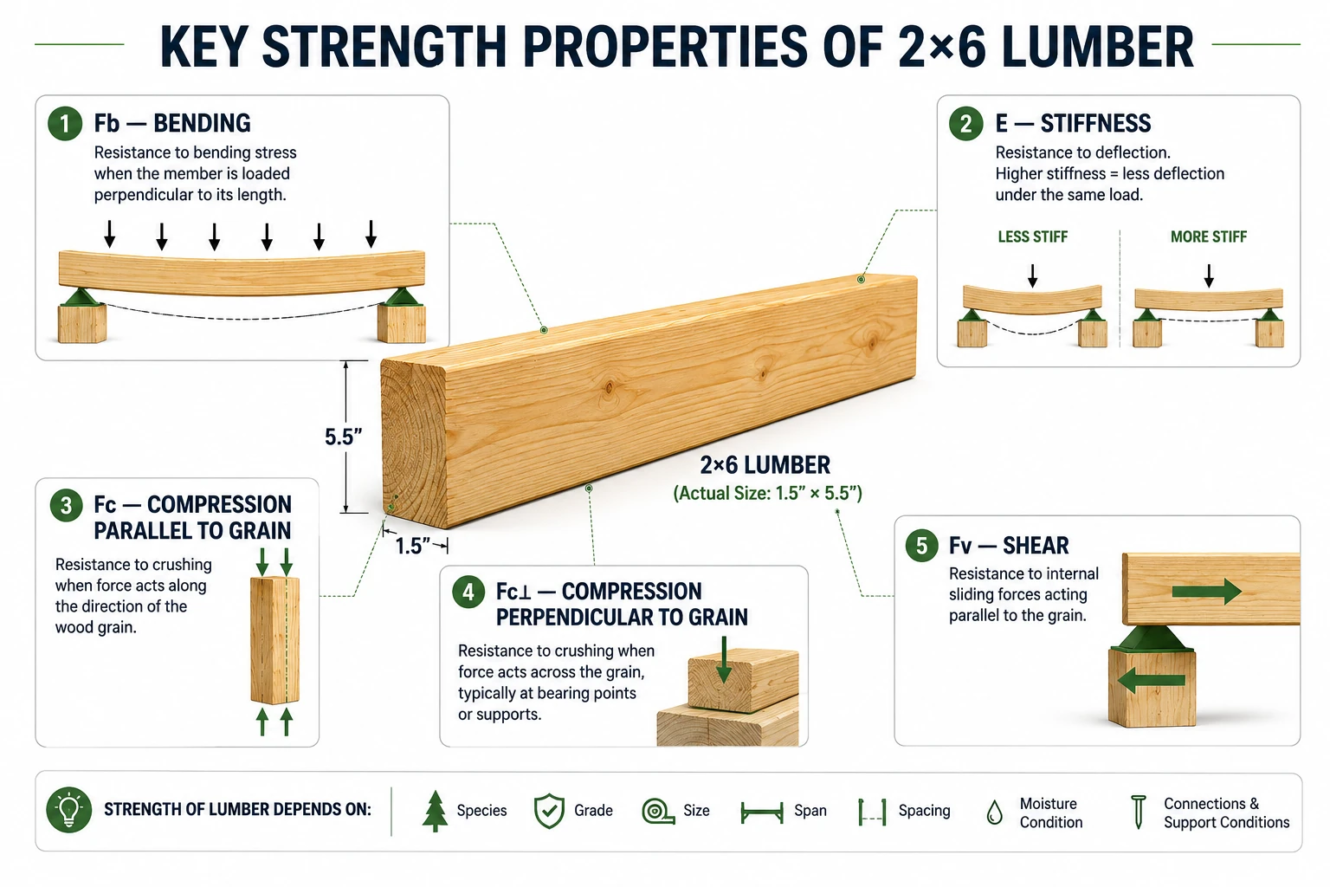 2x6 lumber strength properties showing bending stiffness compression and shear