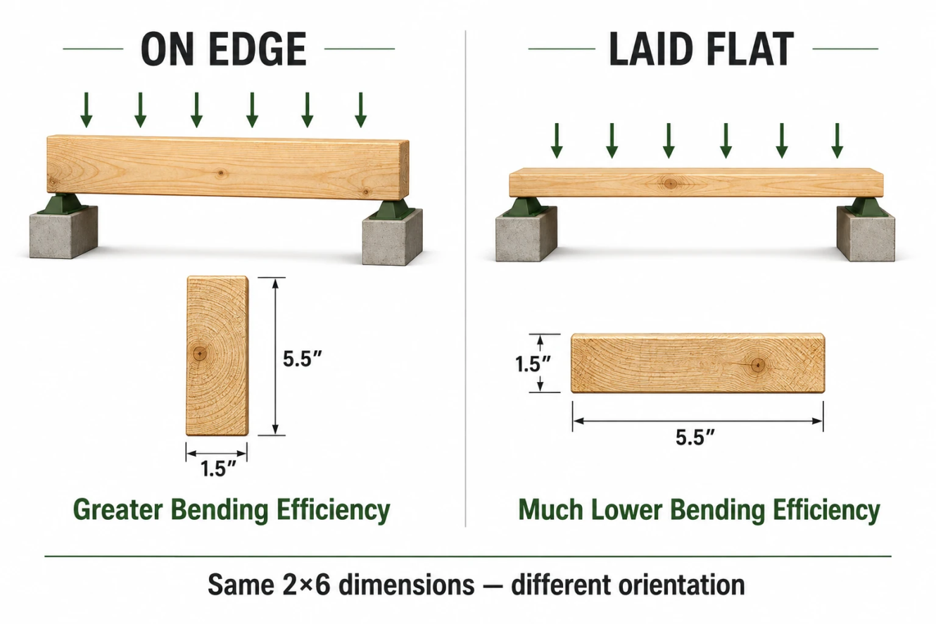 2x6 on edge vs laid flat showing effect of lumber orientation on bending strength