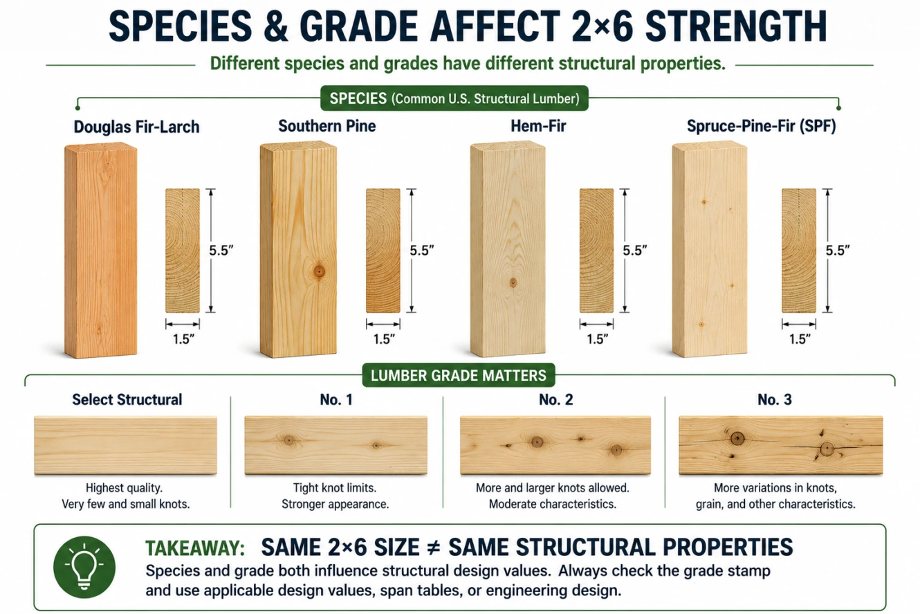 2x6 lumber strength by species and grade including Douglas Fir Southern Pine Hem-Fir and SPF