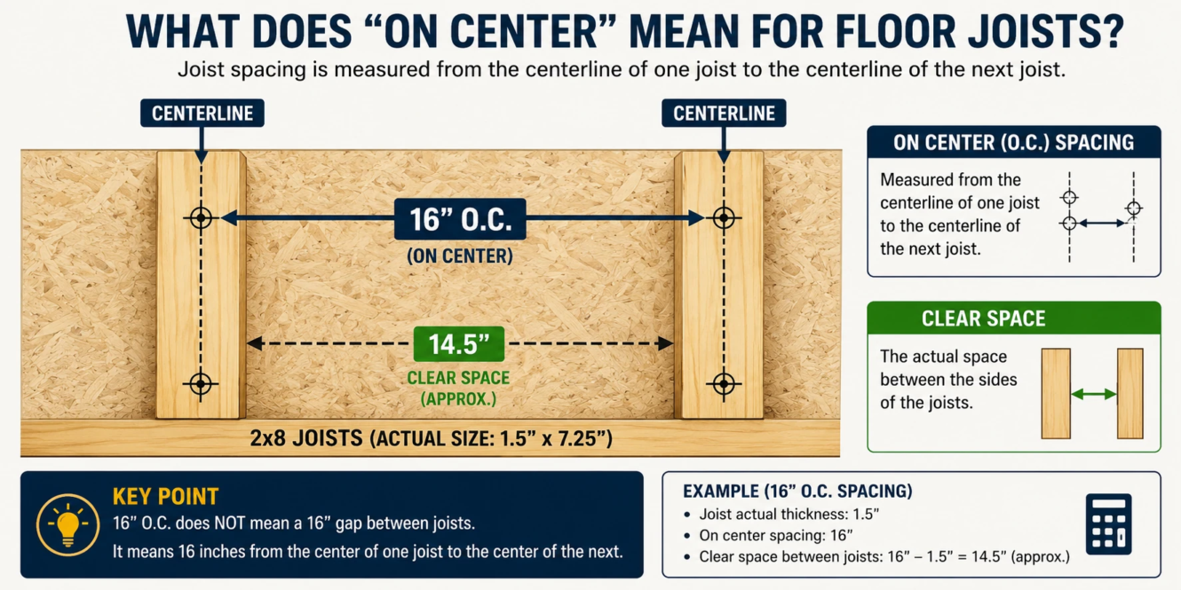 16 inch on-center floor joist spacing measured from centerline to centerline