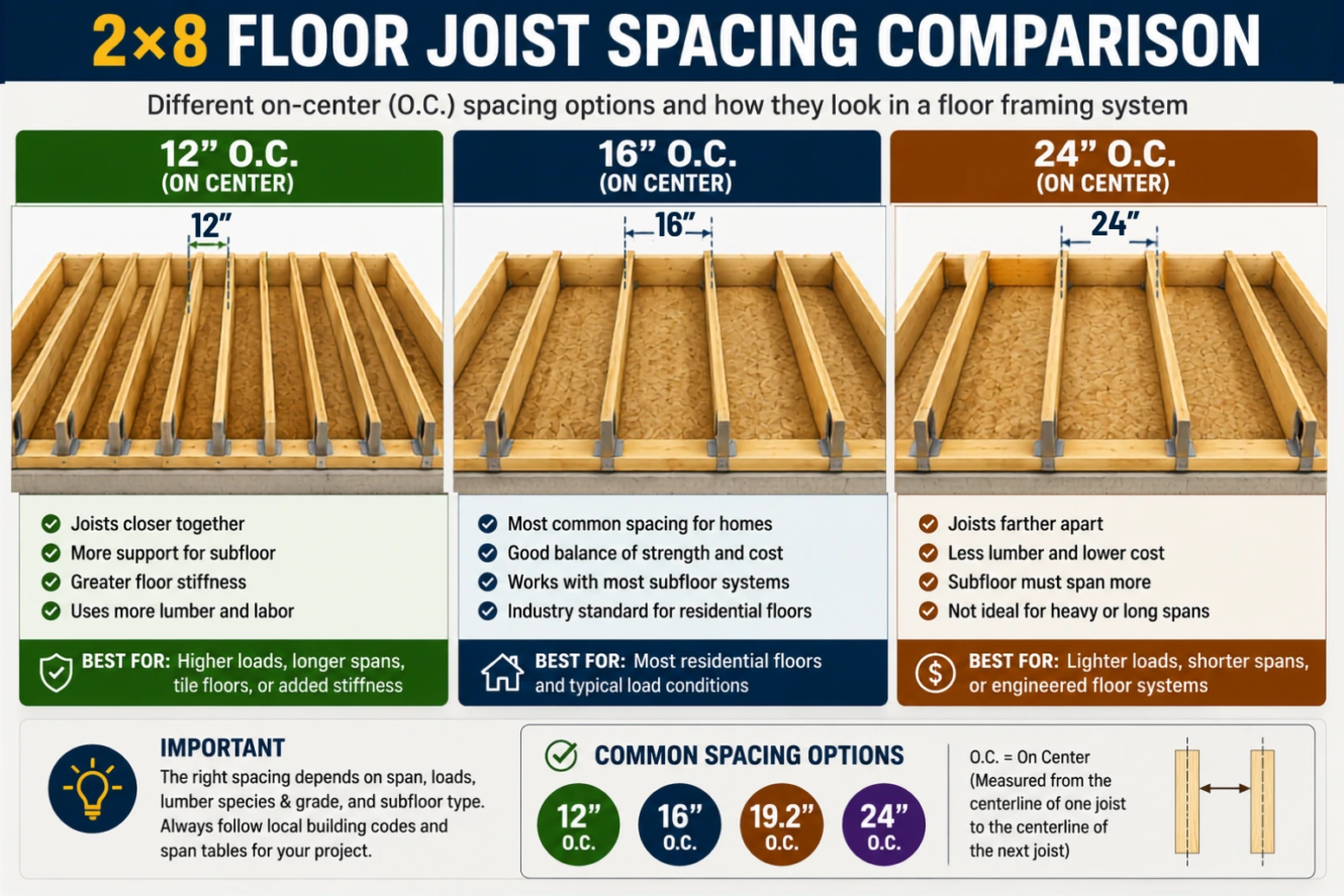 12 vs 16 vs 24 inch on-center 2x8 floor joist spacing comparison