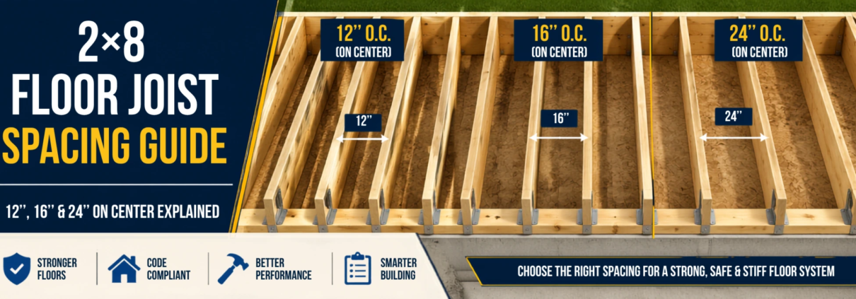 2x8 floor joist spacing guide showing 12 16 and 24 inch on-center spacing