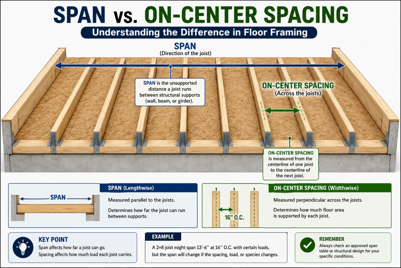 2x8 floor joist span versus on-center joist spacing diagram