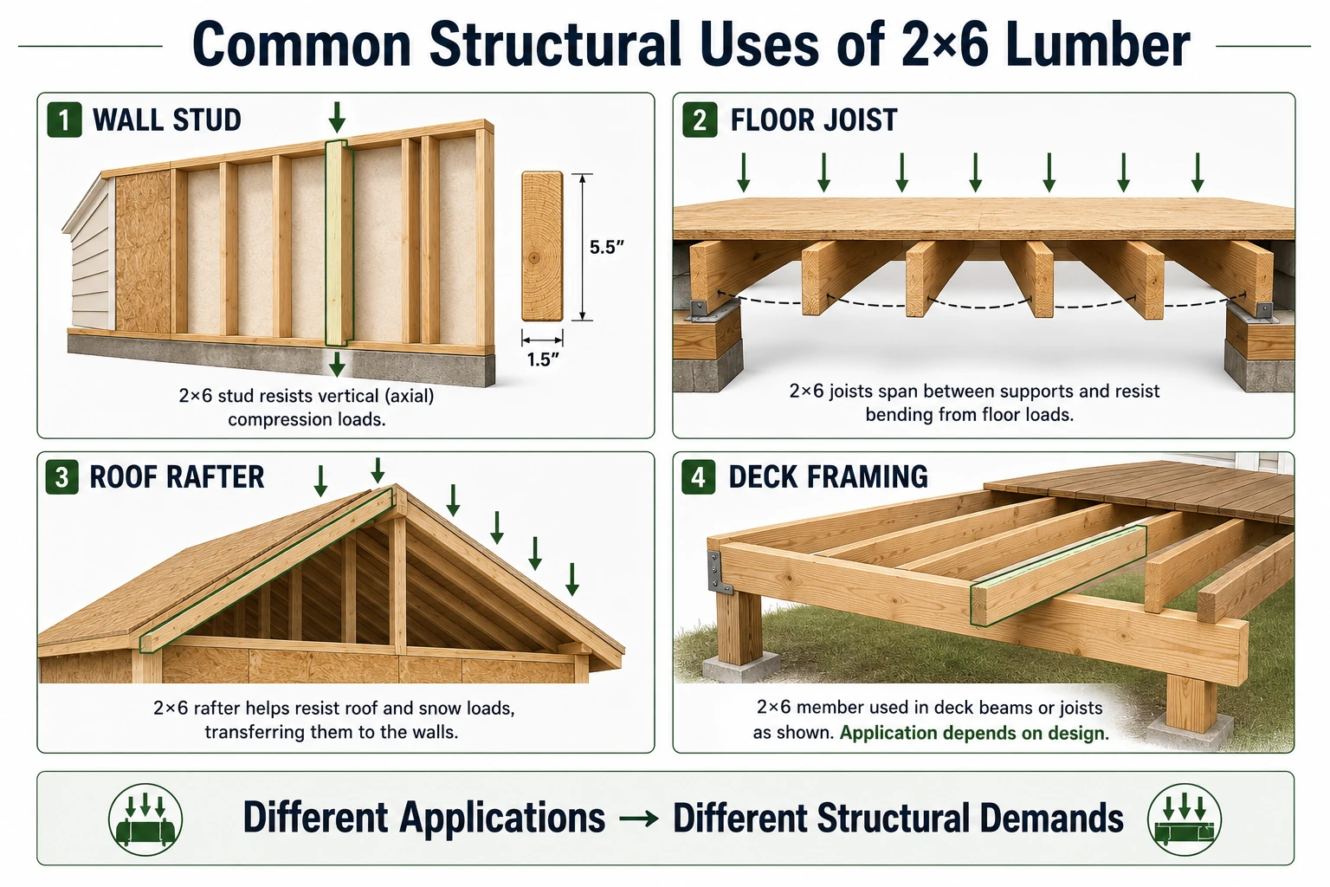 Common structural uses of 2x6 lumber including wall studs floor joists rafters and deck framing