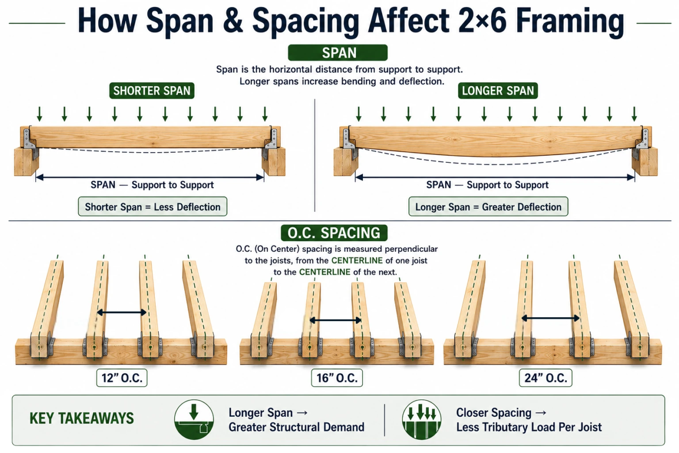 2x6 framing span and on-center spacing diagram showing support-to-support span and 12, 16, and 24 inch O.C. joist spacing